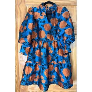 Women's Blue Floral Mini Dress with Copper Blooms